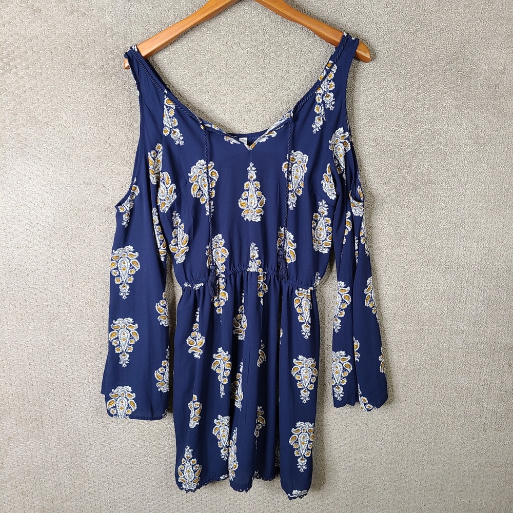 Xhilaration Dress Womens Large Blue Paisley Cold Shoulder Long Sleeve‎ Polyester